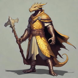 A Dungeons and Dragons character that is a humanoid dragon with golden scales and yellow eyes