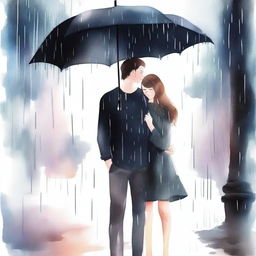 A watercolor style illustration of a handsome man in a black t-shirt holding a black umbrella, covering a beautiful girl who is crying under the rain