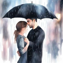 A watercolor style illustration of a handsome man in a black t-shirt holding a black umbrella, covering a beautiful girl who is crying under the rain