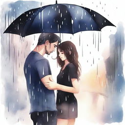 A watercolor style illustration of a handsome man in a black t-shirt holding a black umbrella, covering a beautiful girl who is crying under the rain