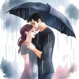 A watercolor style illustration of a handsome man in a black t-shirt holding a black umbrella, covering a beautiful girl who is crying under the rain