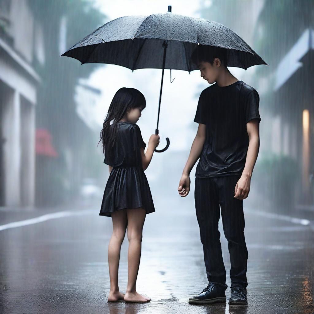 A handsome boy in a black t-shirt holding a black umbrella, covering a beautiful girl who is crying under the rain