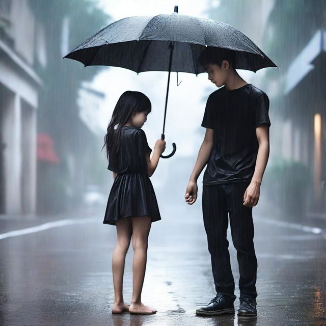 A handsome boy in a black t-shirt holding a black umbrella, covering a beautiful girl who is crying under the rain