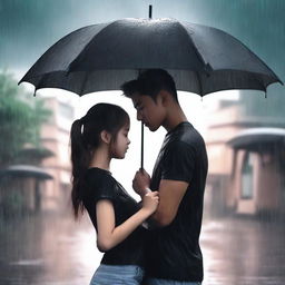 A handsome boy in a black t-shirt holding a black umbrella, covering a beautiful girl who is crying under the rain