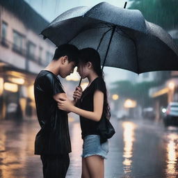 A handsome boy in a black t-shirt holding a black umbrella, covering a beautiful girl who is crying under the rain