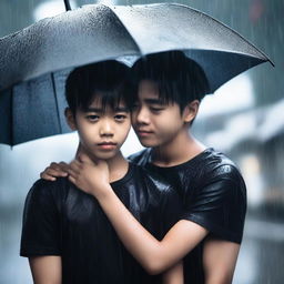 A handsome boy in a black t-shirt holding a black umbrella, covering a beautiful girl who is crying under the rain