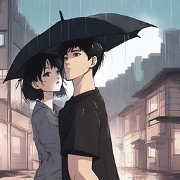 A Korean comic style scene featuring a handsome boy in a black t-shirt holding a black umbrella