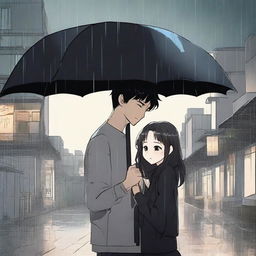 A Korean comic style scene featuring a handsome boy in a black t-shirt holding a black umbrella