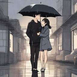 A Korean comic style scene featuring a handsome boy in a black t-shirt holding a black umbrella