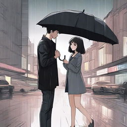 A Korean comic style scene featuring a handsome boy in a black t-shirt holding a black umbrella