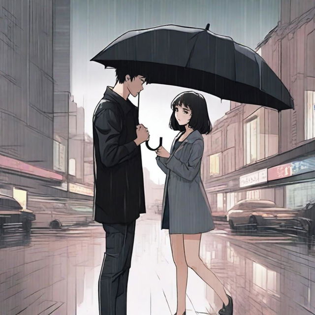 A Korean comic style scene featuring a handsome boy in a black t-shirt holding a black umbrella