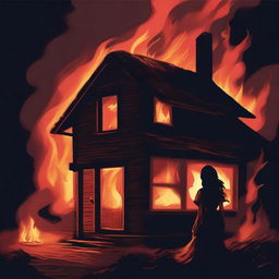 Illustrate a modern, rich wine cottage engulfed in flames at night time