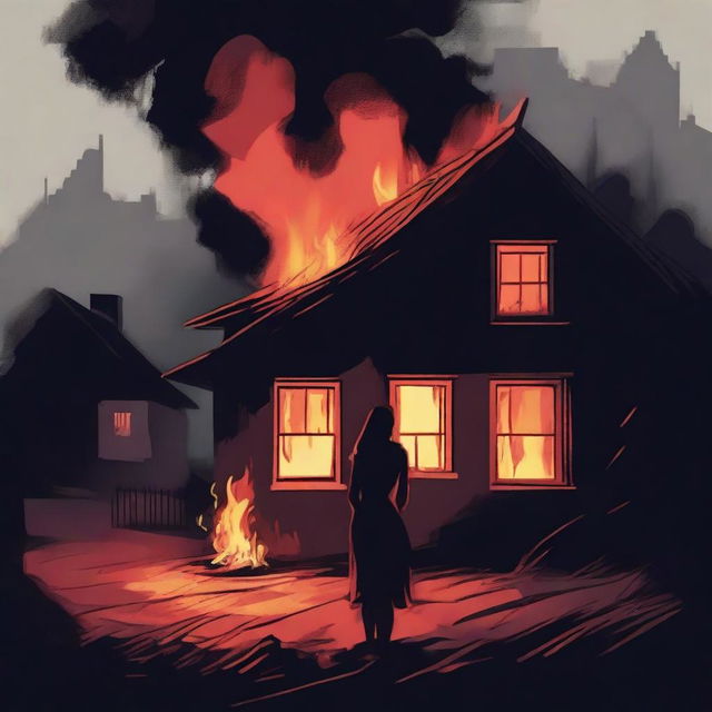 Illustrate a modern, rich wine cottage engulfed in flames at night time