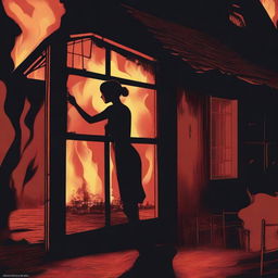 Illustrate a modern, rich wine cottage engulfed in flames at night time