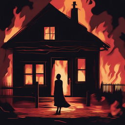 Illustrate a modern, rich wine cottage engulfed in flames at night time