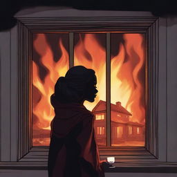 Illustrate a realistic, modern, rich wine cottage engulfed in flames at night time