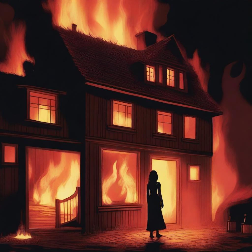 Illustrate a realistic, modern, rich wine cottage engulfed in flames at night time