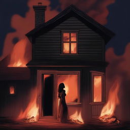 Illustrate a realistic, modern, rich wine cottage engulfed in flames at night time