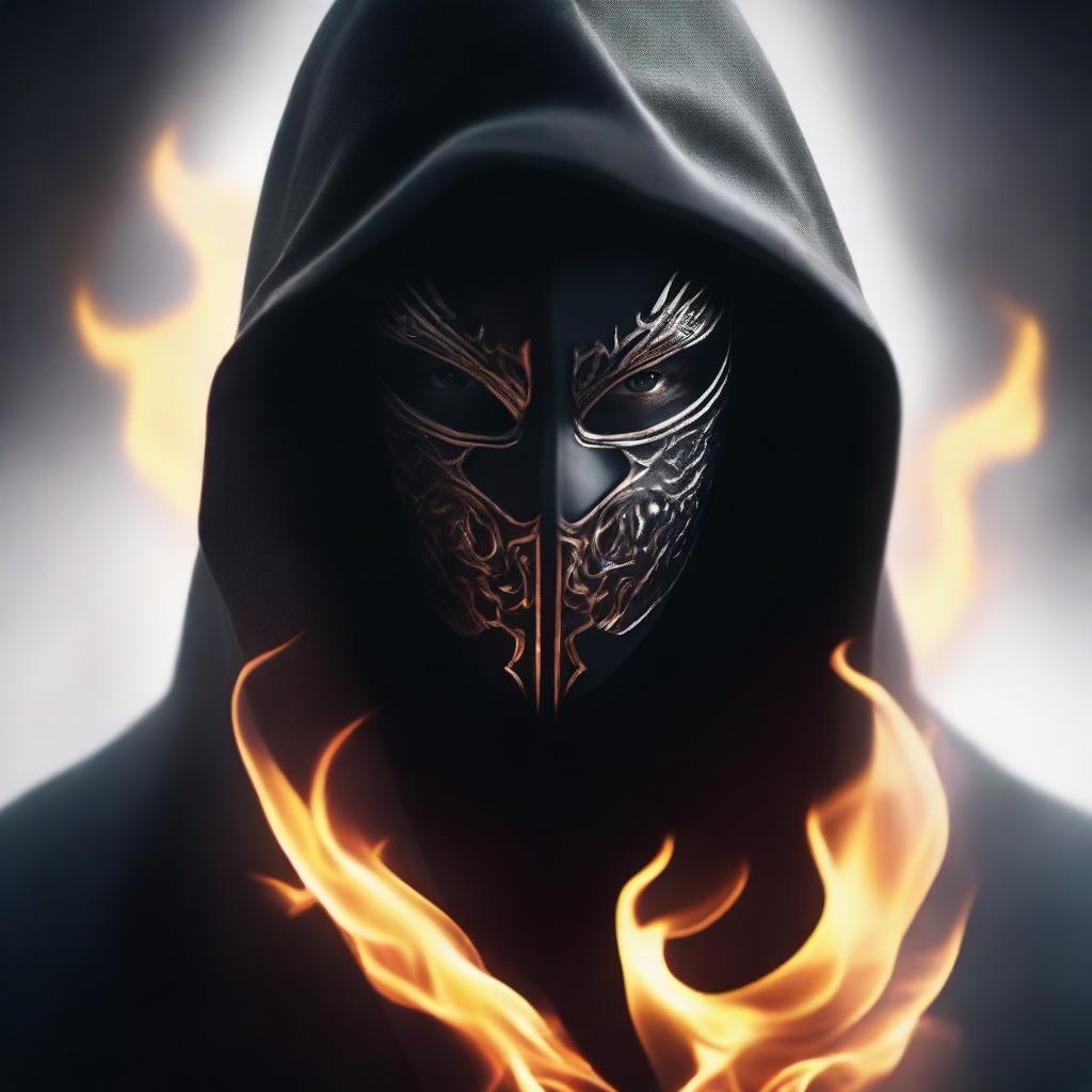 Create a photorealistic image of a dark hooded figure wearing a mask