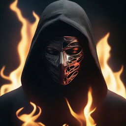 Create a photorealistic image of a dark hooded figure wearing a mask