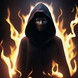 Create a photorealistic image of a dark hooded figure wearing a mask