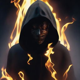 Create a photorealistic image of a dark hooded figure wearing a mask