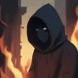 Create a dark, realistic anime-style illustration featuring a dark hooded figure wearing a mask