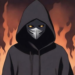 Create a dark, realistic anime-style illustration featuring a dark hooded figure wearing a mask