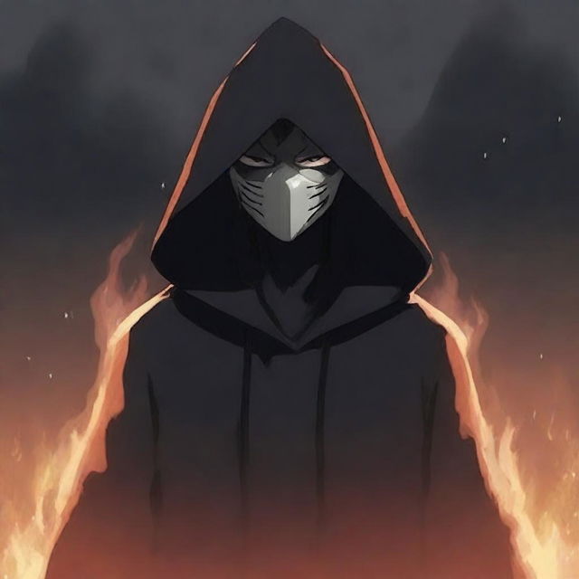 Create a dark, realistic anime-style illustration featuring a dark hooded figure wearing a mask