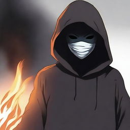 Create a dark, realistic anime-style illustration featuring a dark hooded figure wearing a mask