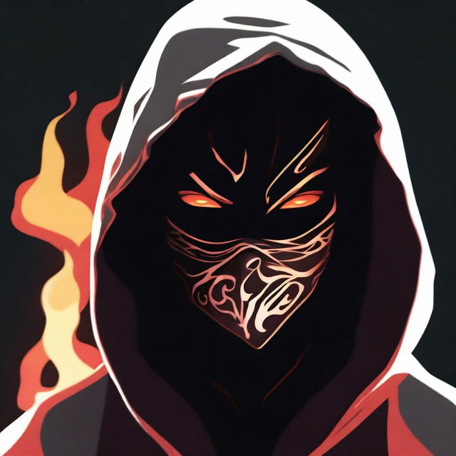 A realistically animated dark image of a hooded figure in a mask with flames behind her