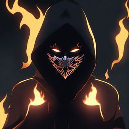 A realistically animated dark image of a hooded figure in a mask with flames behind her