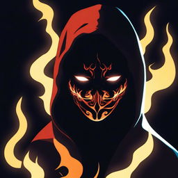 A realistically animated dark image of a hooded figure in a mask with flames behind her