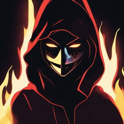 A realistically animated dark image of a hooded figure in a mask with flames behind her