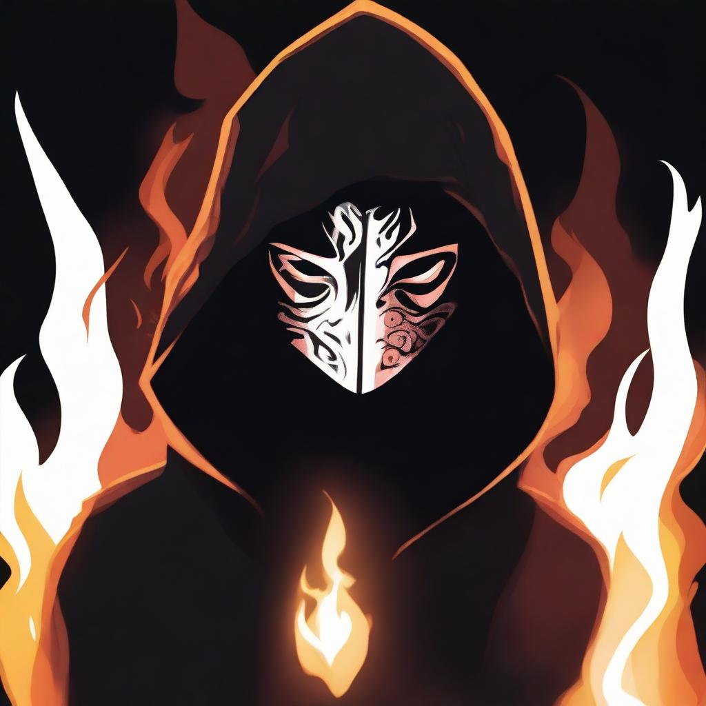 An animated dark image of a hooded figure in a mask with flames behind her