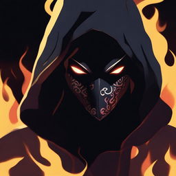 An animated dark image of a hooded figure in a mask with flames behind her