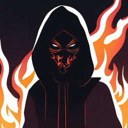 An animated dark image of a hooded figure in a mask with flames behind her