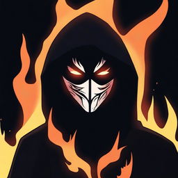 An animated dark image of a hooded figure in a mask with flames behind her