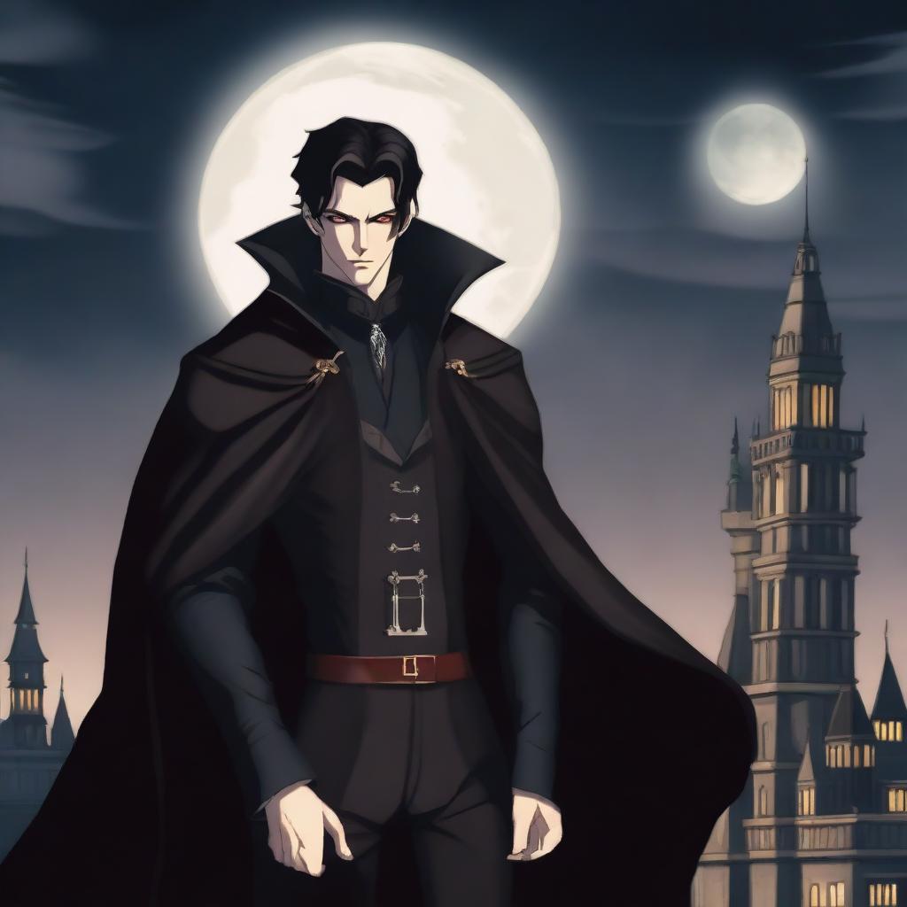 A tall vampire man with black hair and brown eyes