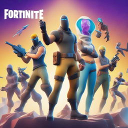 Create a vibrant and action-packed Fortnite thumbnail featuring popular characters in dynamic poses, with a colorful and exciting background