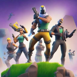 Create a vibrant and action-packed Fortnite thumbnail featuring popular characters in dynamic poses, with a colorful and exciting background