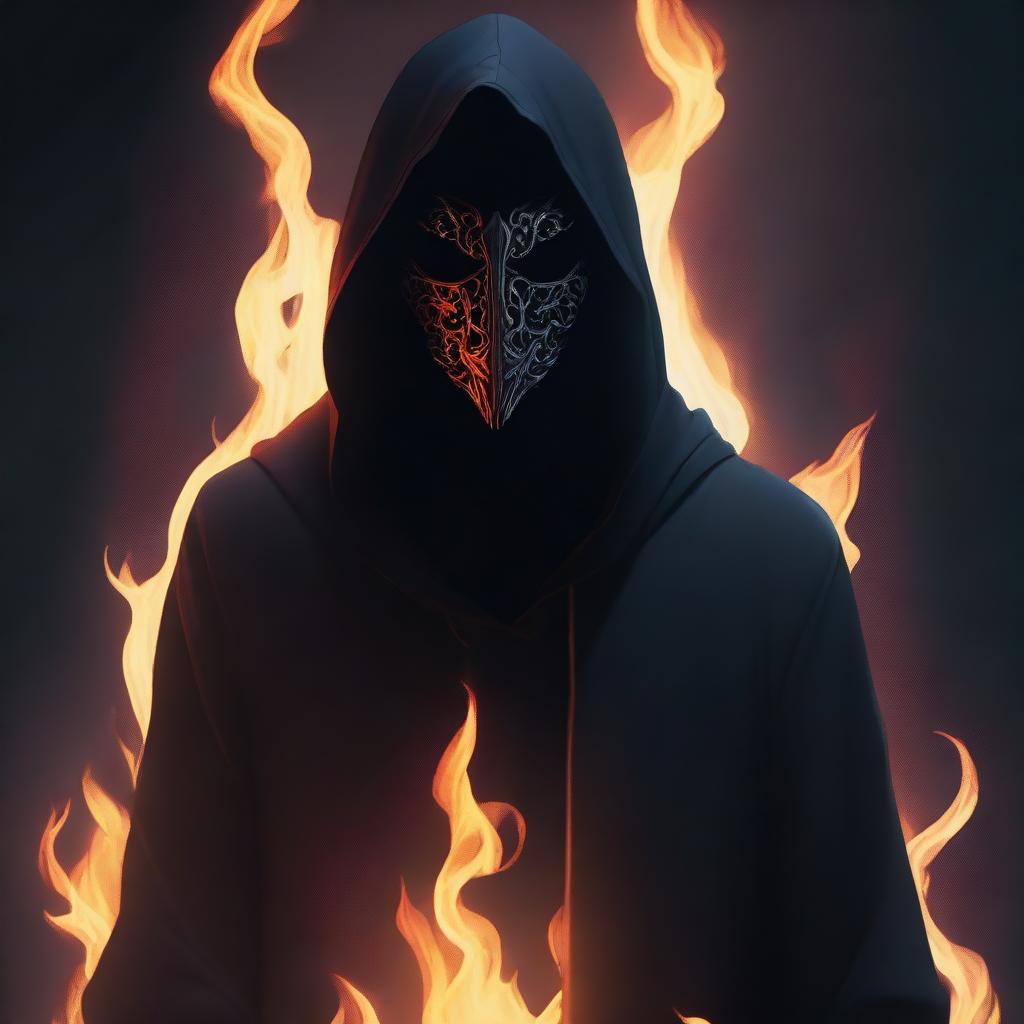 A detailed digital art of a dark hooded figure with a mask, standing ominously with flames emanating from behind