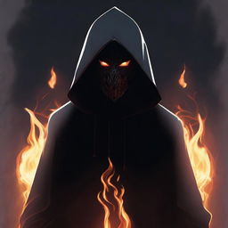 A detailed digital art of a dark hooded figure with a mask, standing ominously with flames emanating from behind