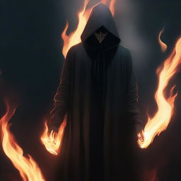 A detailed digital art of a dark hooded figure with a mask, standing ominously with flames emanating from behind