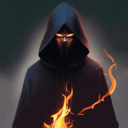 A detailed digital art of a dark hooded figure with a mask, standing ominously with flames emanating from behind