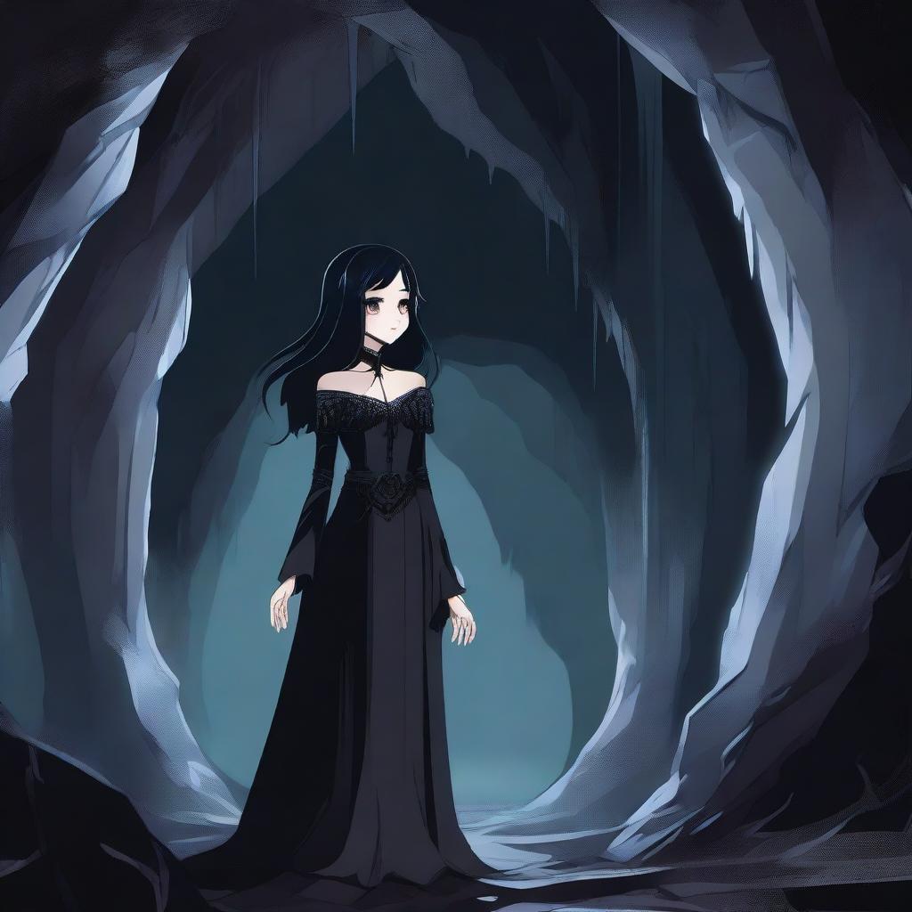 A vampire girl with black hair and blue eyes standing in a dark, eerie cave