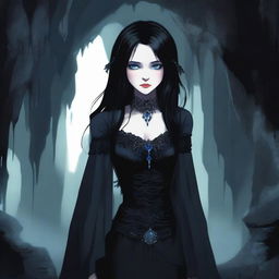 A vampire girl with black hair and blue eyes standing in a dark, eerie cave