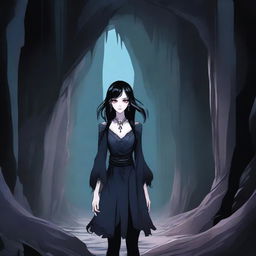 A vampire girl with black hair and blue eyes standing in a dark, eerie cave