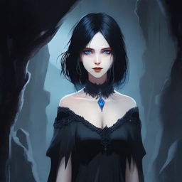 A vampire girl with black hair and blue eyes standing in a dark, eerie cave