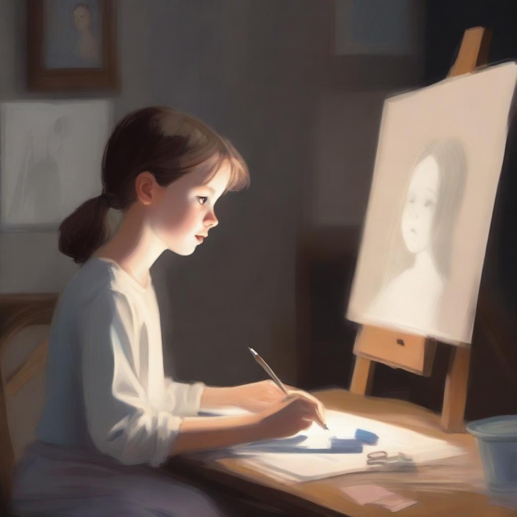 A young boy is painting a picture of a ghostly girl